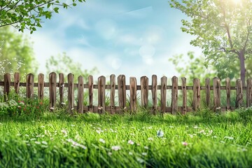 rustic wooden fence borders lush green lawn in idyllic backyard garden serene outdoor scene illustration