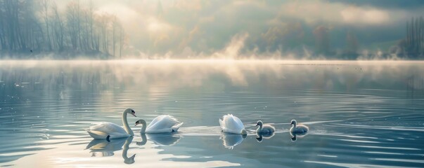 Serene lake with a family of swans gliding on the water