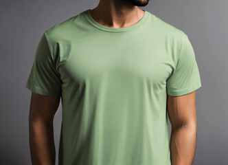 man in stylish light green t-shirt on gray background, front view. Mockup for design, mock up, template