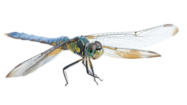 A blue and yellow dragonfly rests atop a white surface in a close-up view