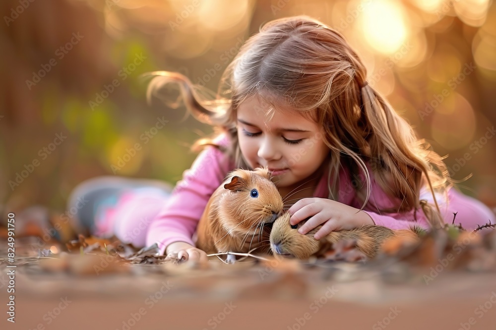 Sticker Adorable child in pink nurtures a guinea pig outdoors in soft lighting