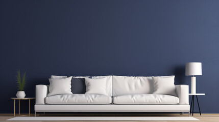 A contemporary living room with navy blue walls, a minimalist gray sofa, and a blank white frame mockup placed on a floating shelf.