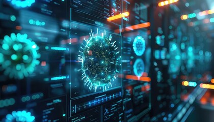 Closeup of pandemic statistics on holographic screens, Futuristic, Glowing Blue and Green, 3D Render, Emphasizing data analysis