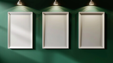 Three aligned white picture frames on a deep green wall, each precisely illuminated by a dedicated spotlight from above, creating a gallery-like atmosphere.