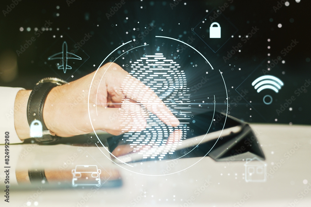 Poster double exposure of abstract creative fingerprint hologram with finger clicks on a digital tablet on 