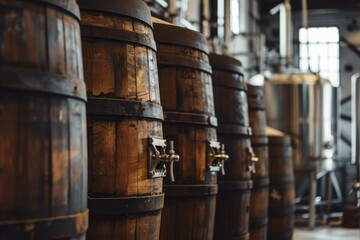 Naklejka premium Row of aged wooden barrels with taps, used for beer storage and fermentation, in a craft brewery setting