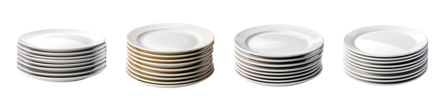 Collection set of stack of white plates isolated on transparent background