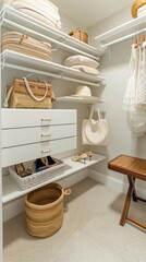 A modern and stylish white dressing room adorned with shelves, shoes, and hangers on pastel-colored walls, showcasing fashionable accessories on tables and vases placed on the carpeted floor.