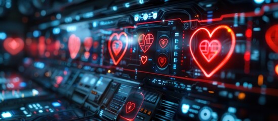 Dynamic Science Fiction Interface Displaying Pulsating D Heart Icons