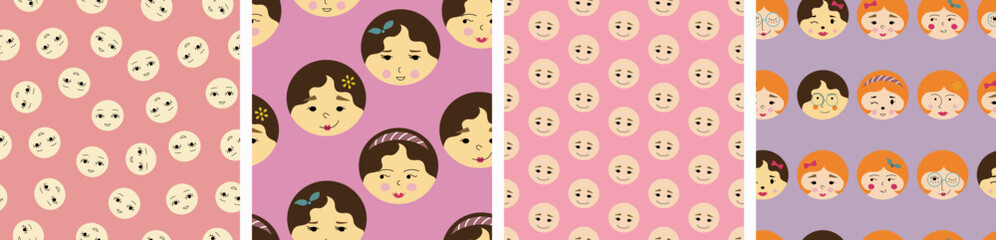 Four repeating patterns, attractive girlish faces. Diverse endless backdrops, woman image, surface design with simple shapes.