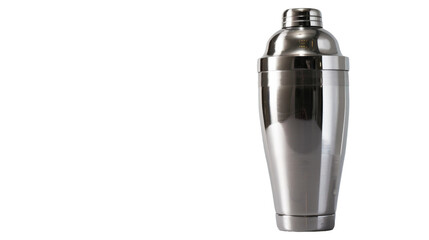 A stainless steel cocktail shaker is placed on a plain white background
