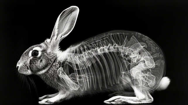 A surreal depiction of a rabbit with a skeleton residing within its body, captured through an X-ray scan. The image showcases the intricate anatomy of the rabbit.