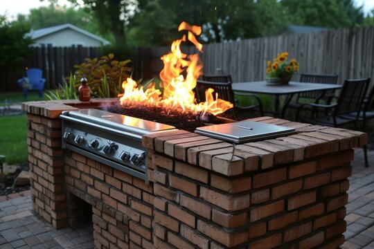 Inviting outdoor grill pit with flames, set in a tranquil backyard during dusk