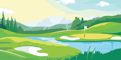 Scenic Countryside Golf Course Landscape with Flags, Greens, and Sand Bunke. Vector illustration