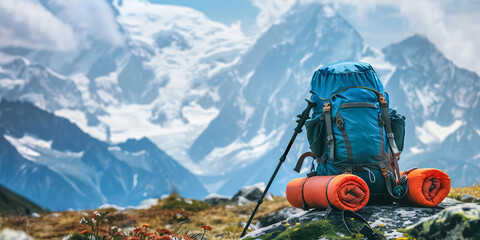 Hiking backpack and trekking poles set against a backdrop of snowy mountains.