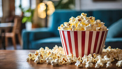 Close-up view of a background filled with freshly popped popcorn. The golden, fluffy kernels create a textured, mouthwatering scene, evoking feelings of warmth, comfort, and cinematic nostalgia