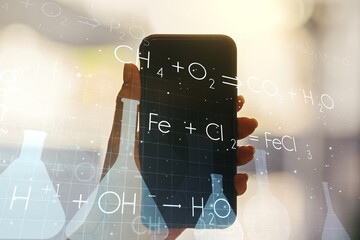 Creative chemistry illustration and hand with mobile phone on background, science and research...