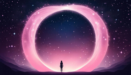 Fototapeta premium Tiny abstract human figure in front of large glowing portal with copy space