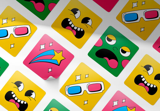 Diagonal Square Stickers Set Mockup