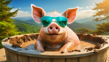 An adorable cute funny pig wearing sunglasses relaxes in a mud hot tub on the deck outside on his...