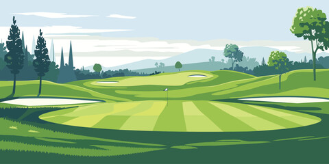 Scenic Countryside Golf Course Landscape with Flags, Greens, and Sand Bunke. Vector illustration