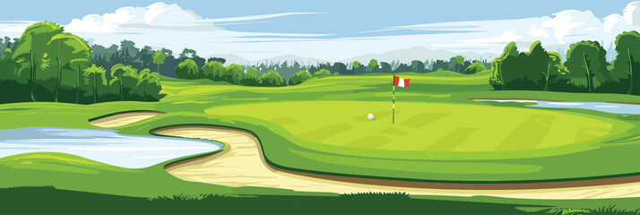 Scenic Countryside Golf Course Landscape with Flags, Greens, and Sand Bunke. Vector illustration