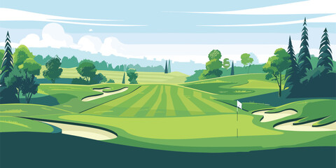 Fototapeta premium Scenic Countryside Golf Course Landscape with Flags, Greens, and Sand Bunke. Vector illustration
