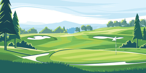 Scenic Countryside Golf Course Landscape with Flags, Greens, and Sand Bunke. Vector illustration