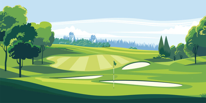 Scenic Countryside Golf Course Landscape with Flags, Greens, and Sand Bunke. Vector illustration