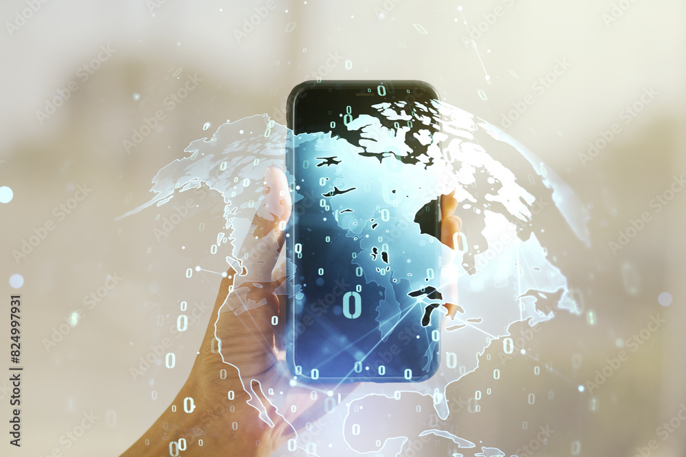 Aufkleber abstract creative coding concept with world map and hand with phone on background. multiexposure
