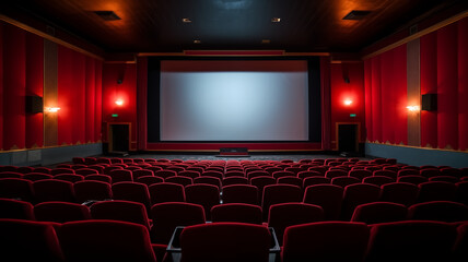 Empty movie theater with red seats and large screen. Cinematic interior photography with place for text. Entertainment and film viewing concept for design and print.