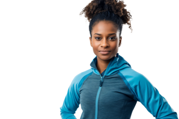 Fit Woman in Blue Athletic Jacket Posing Confidently