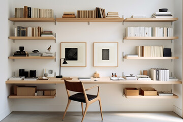 A contemporary workspace featuring a light-colored desk, a solid chair, and floating shelves presenting a collection of lively books and stylish decorative items.