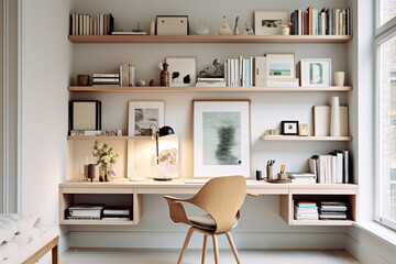 A contemporary workspace featuring a light-colored desk, a solid chair, and floating shelves presenting a collection of lively books and stylish decorative items.