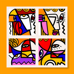 Obraz premium Set of abstract face portrait line art doodle hand drawn wall art background vector illustration. Cubism art, decorative aesthetic.