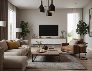 3D render of a modern living room interior, emphasizing comfort and style. Incorporate sleek furniture, a neutral color palette with pops of color, ambient lighting, tasteful décor