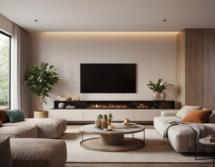 3D render of a modern living room interior, emphasizing comfort and style. Incorporate sleek furniture, a neutral color palette with pops of color, ambient lighting, tasteful décor