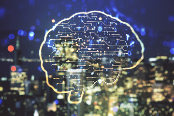 Virtual creative artificial Intelligence hologram with human brain sketch on blurry skyline background. Multiexposure