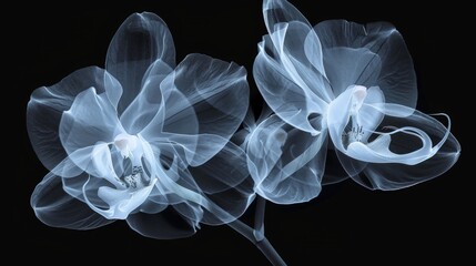 X-Ray of orchid. Two delicate orchid flowers stand out in the darkness, their vibrant colors muted by the lack of light. The petals seem to glow faintly, casting a soft aura around them.