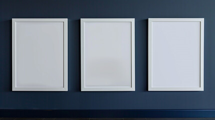 Three white frames against a dark blue wall, each frame offering a canvas for artistic expression.