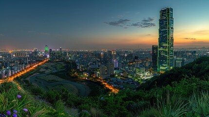 Obraz premium A vibrant cityscape at night, powered by green energy, with a prominent corporate tower illuminated in green to symbolize environmental stewardship