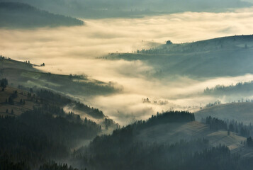 silhouettes of morning mountains. foggy morning in the Carpathians. Mountain landscape

