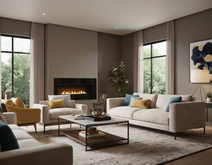 3D render of a modern living room interior, emphasizing comfort and style. Incorporate sleek furniture, a neutral color palette with pops of color, ambient lighting, tasteful décor