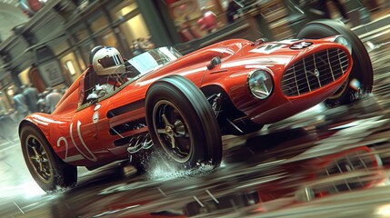 Obraz premium Red racing car speeds on track in daylight during race