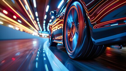 Red racing car speeds on track in daylight during race