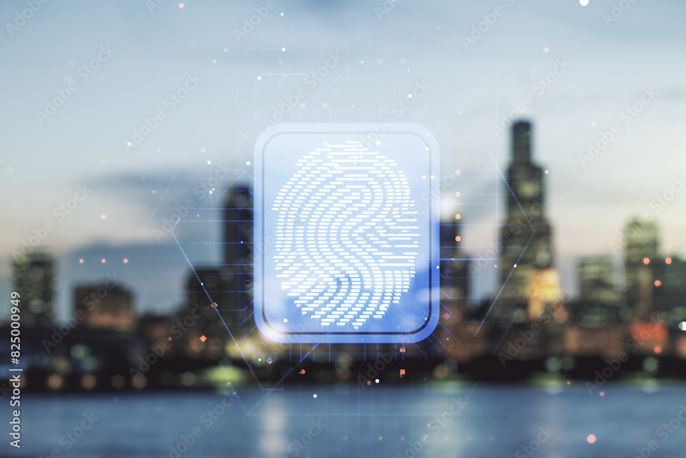 Fototapete multi exposure of virtual graphic fingerprint sketch on blurry skyscrapers background. fingerprint s
