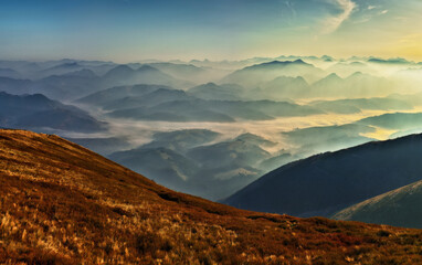 silhouettes of morning mountains. foggy morning in the Carpathians. Mountain landscape

