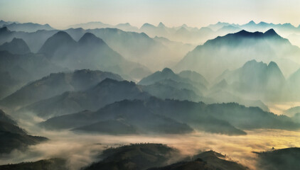 silhouettes of morning mountains. foggy morning in the Carpathians. Mountain landscape

