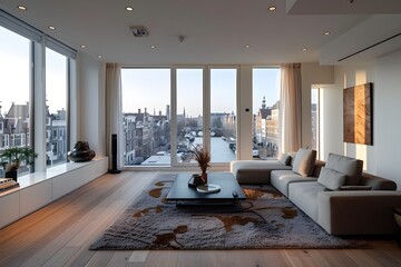 overview of a contemporary mid-range apartment living room with morning lighting