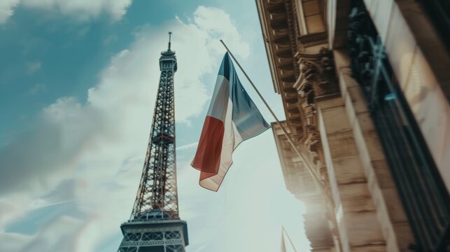 French flag in front of Eiffel Tower, capturing Bastille Day celebration. Celebrate Bastille Day with the French flag waving by the Eiffel Tower. - Powered by Adobe